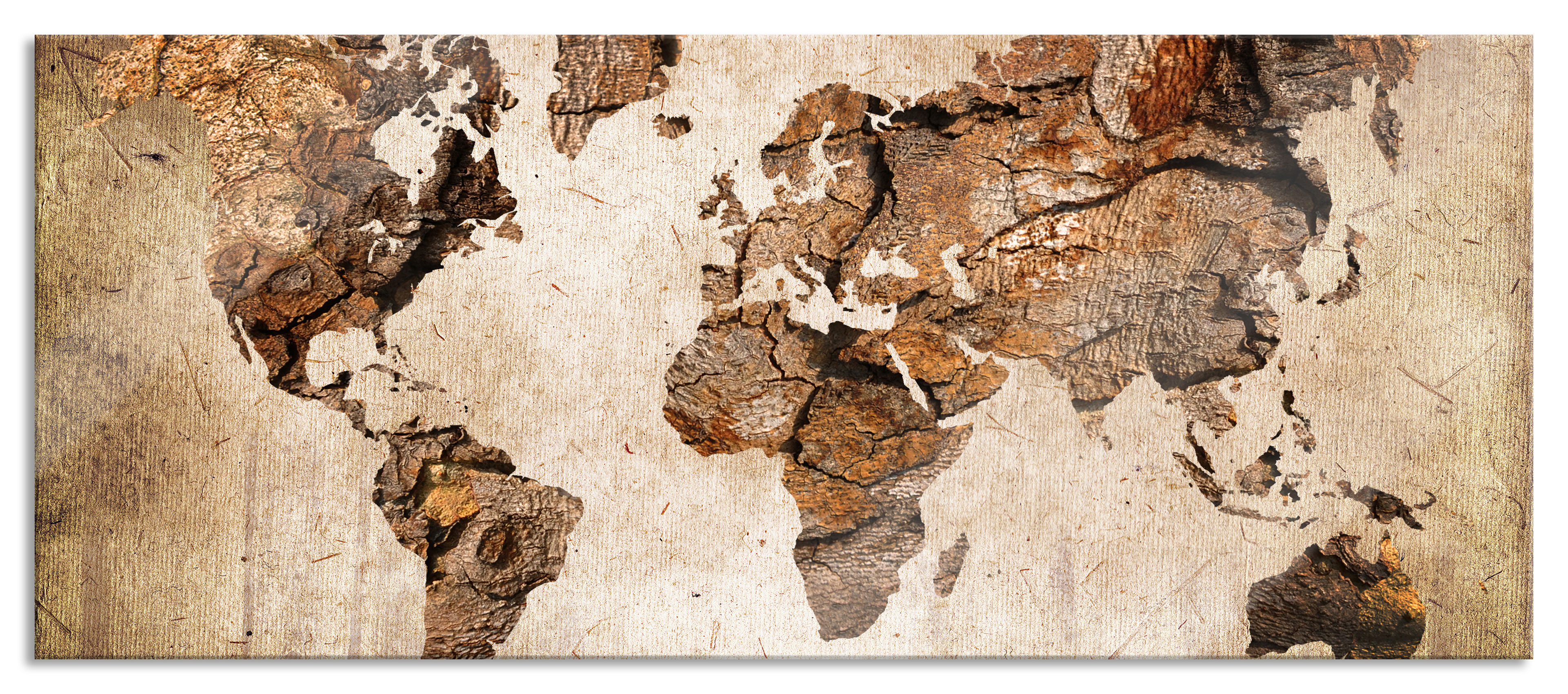 World map on old wood panorama glass picture incl. wall mount-